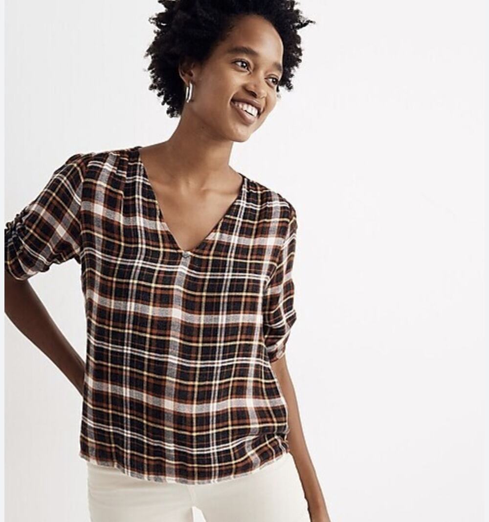 MADEWELL Plaid Cinch Sleeve Top Small Black Pullover V-Neck Lightweight Puff